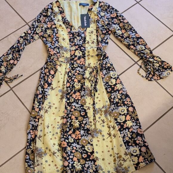 NWT ModCloth Unique Persona Midi Dress Long Sleeve Yellow Floral Dragonfly 4 - Picture 2 of 14